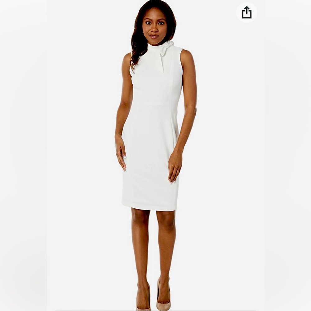 Calvin Klein White Sleeveless Crepe Dress with Bow Detail